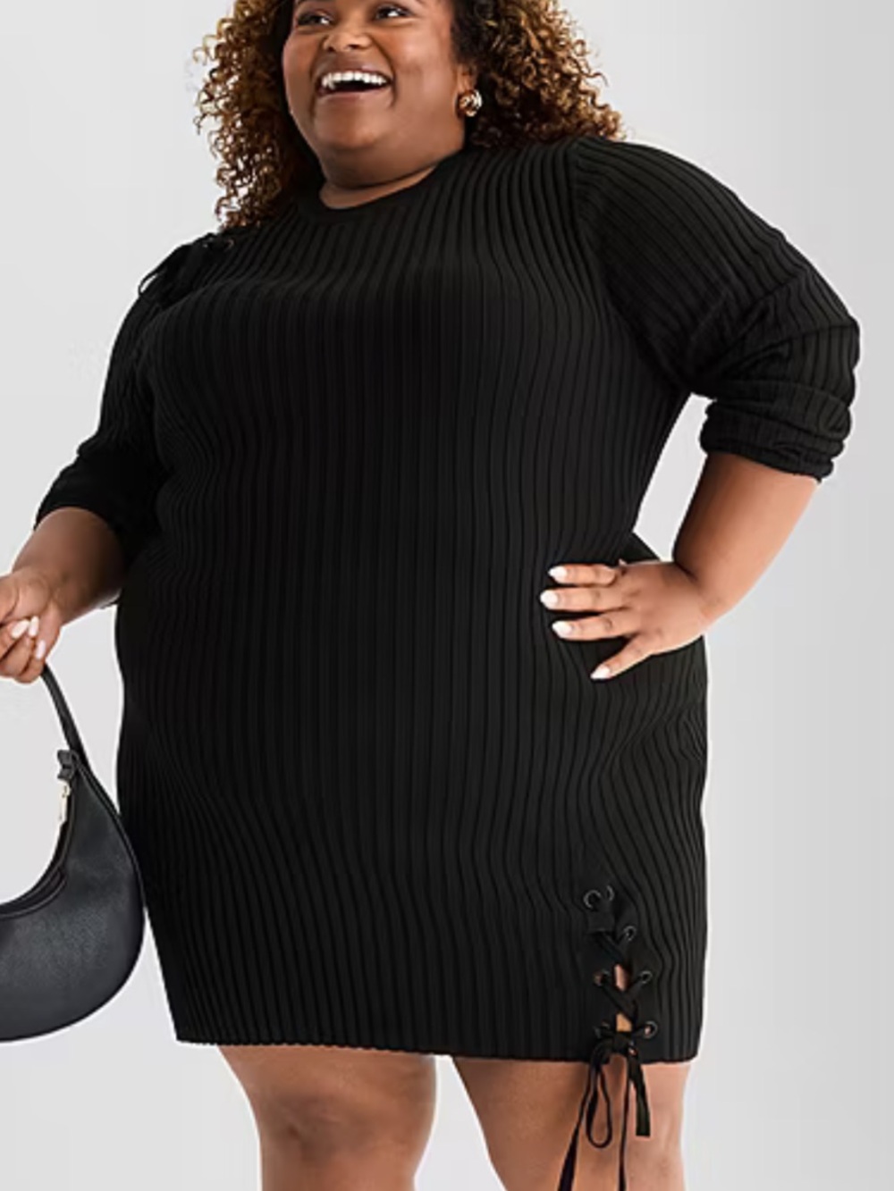 Ashley Graham Women 4X Black Ribbed Lace Up Long Sleeve Mini Sweater Dress NWT
